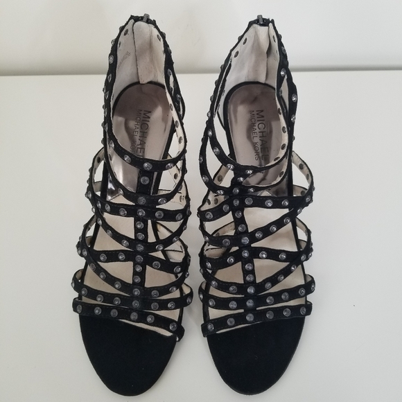 Michael Michael Kors Maddie Jeweled T-Strap Suede Peep Toe Heels Black Size 9 - Picture 4 of 12
